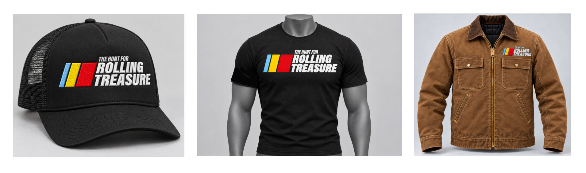 Rolling Treasure embroidered cap, logo T-shirt and canvas shop jacket