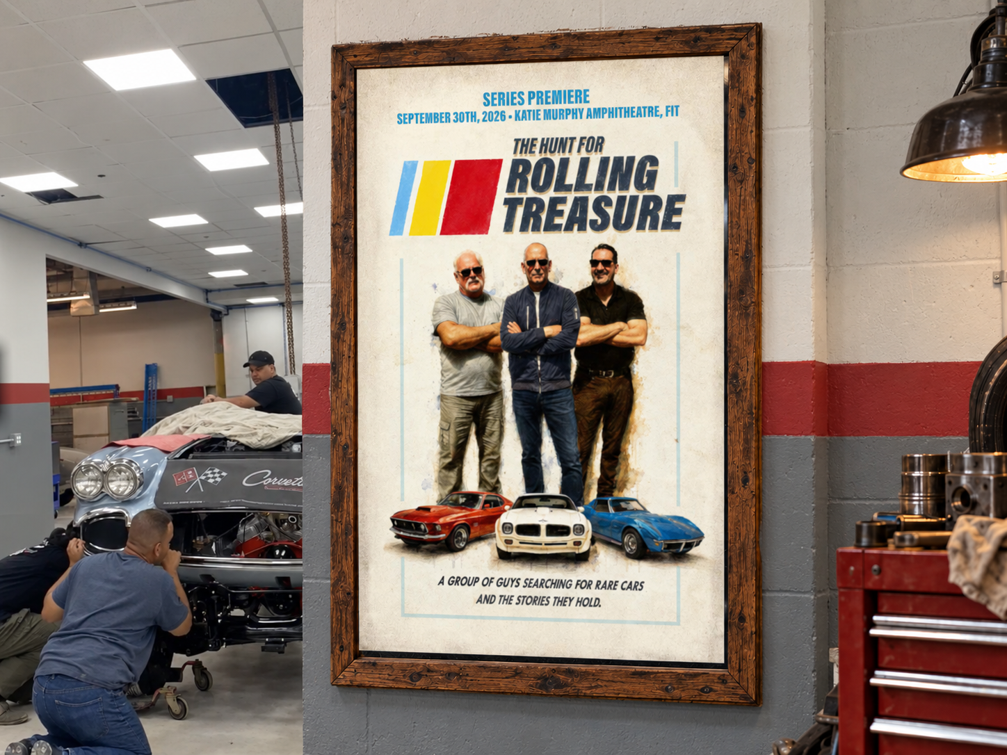 Framed Rolling Treasure showcase poster displayed in an automotive workshop