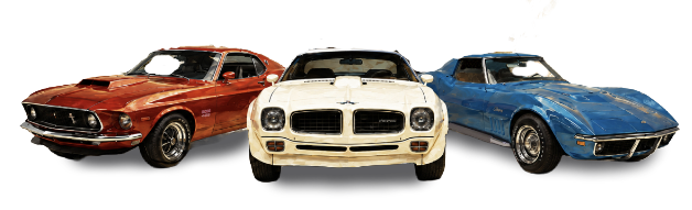 A red Mustang, white Pontiac Trans Am and blue Corvette